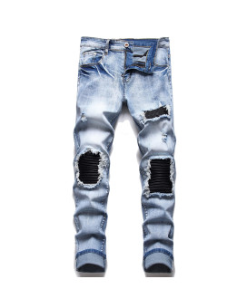 Aititia Mens Biker Zipper Deco Washed Straight Fit Jeans (28, 6602 Blue)