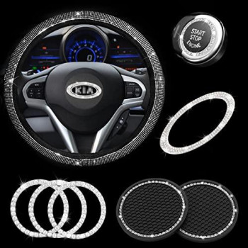 Jingsen Steering Wheel Cover For Women Bling Crystal Diamond Sparkling Car Accessories Fit For Kia Cover Rhinestone Decals Steering Wheel Cover Universal Fit 15 Inch (White, For Kia 7 Pcs)