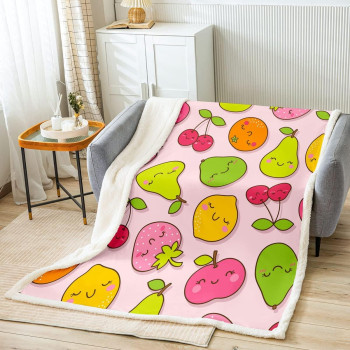 Cute Fruit Throw Blanket,Cartoon Apple Lemon Juice Strawberry Cherry Orange Fleece Blanket Fruit Theme Bed Blanket For Kids Child Teens Kawaii Light Pink Flannel Blanket, Throw Size (50 X 60 Inches)