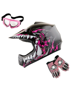 Wow Youth Kids Motocross Bmx Mx Atv Dirt Bike Helmet Dragon Pink Goggles Mg Youth Pink Glove Bundle