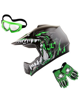 Wow Youth Kids Motocross Bmx Mx Atv Dirt Bike Helmet Dragon Green Goggles Mg Youth Green Glove Bundle