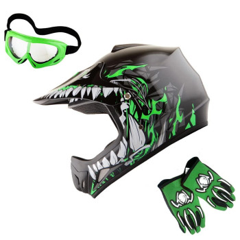 Wow Youth Kids Motocross Bmx Mx Atv Dirt Bike Helmet Dragon Green Goggles Mg Youth Green Glove Bundle