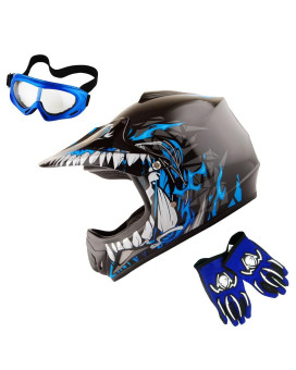 Wow Youth Kids Motocross Bmx Mx Atv Dirt Bike Helmet Dragon Blue Goggles Mg Youth Blue Glove Bundle