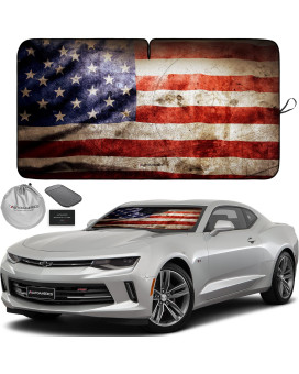 Autoamerics 1-Piece Windshield Sun Shade Grunge American Flag - 2 Usa Design - Foldable Car Front Window Sunshade For Most Sedans Suv Truck - Blocks Max Uv Rays And Keeps Your Vehicle Cool - Small