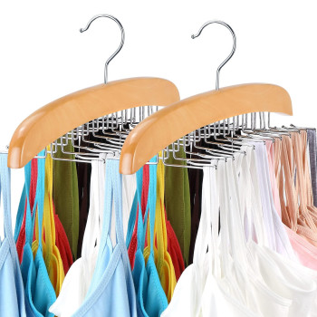 Tank Top Hanger With Premium Wood, 24 Large Capacity, Space Saving,360A Rotating, Foldable Metal Hooks, Resovo Camisole Organizer For Tank Tops, Camisole, Bathing Suits, Bras Etc, 2 Pack