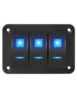 Daiertek Marine Switch Panel Waterproof 12V 3 Gang Rocker Switch Panel Blue Led Light Toggle Switch Aluminum Panel Pre-Wired For Car Truck Boat Rv Utv Atv Rzr