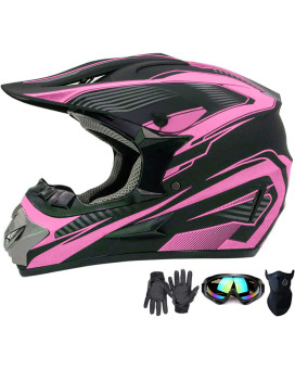 Motocross Helmet,Kids Youth Trend Full Face Helmet,Atv Motorcycle Helmet,Dirt Bike Downhill Off-Road Mountain Bike Helmet,Dot Certified,4-Piece Set (Pink, M)