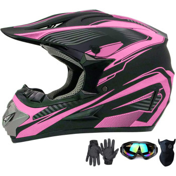 Motocross Helmet,Adult Youth Trend Full Face Helmet,Atv Motorcycle Helmet,Dirt Bike Downhill Off-Road Mountain Bike Helmet,Dot Certified,4-Piece Set (Pink, Xl)