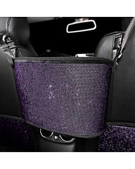 Eing Crystal Car Organizers And Storage Purse Holder, Car Seat Back Net Handbag Accessories With Bling Diamonds For Women, Car Pet Barrier For Dogs And Kids, Purple