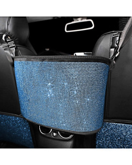 Eing Crystal Car Organizers And Storage Purse Holder, Car Seat Back Net Handbag Accessories With Bling Diamonds For Women, Car Pet Barrier For Dogs And Kids, Blue