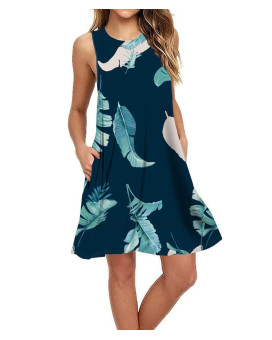 Summer Dresses For Women Beach Floral Tshirt Sundress Sleeveless Pockets Casual Loose Tank Dress Floral Navy Blue Plantain 3Xl