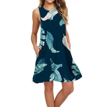 Summer Dresses For Women Beach Floral Tshirt Sundress Sleeveless Pockets Casual Loose Tank Dress Floral Navy Blue Plantain 3Xl