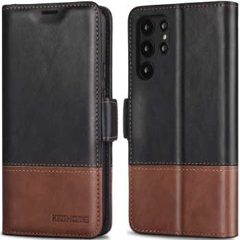 Kezihome Galaxy S22 Ultra Case, Genuine Leather Rfid Blocking] Samsung S22 Ultra 5G Wallet Case Card Slot Flip Magnetic Stand Phone Cover Compatible With Samsung Galaxy S22 Ultra (2022) (Blackbrown)