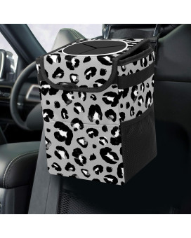 Gray Black Leopard Printcar Trash Can With Lid Collapsible Reusable Waterproof Car Garage Bag,Automotive Garbage Can,Car Accessories Interior Car Organizer