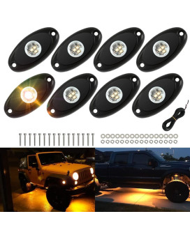 Sunpie 8 Pods Amber Aluminium Metal Led Rock Lights With Extension Wires For Off Road Truck Car Atv Suv Utv Motorcycle Under Body Glow Light Lamp Fender Lighting, 32-45Ft Extension Wires Provided