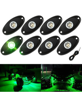 Sunpie 8 Pods Green Aluminium Metal Led Rock Lights With Extension Wires For Off Road Truck Car Atv Suv Utv Motorcycle Under Body Glow Light Lamp Fender Lighting, 32-45Ft Extension Wires Provided