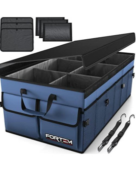 Fortem Collapsible Multi Compartment Storage Organizer For Car, Suv, Trunk, Non Slip Bottom, Adjustable Securing Straps, Foldable Cover (Blue, X-Large)