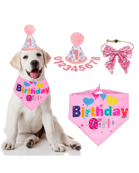 Adoggygo Dog Birthday Party Supplies, Boy Girl Dog Birthday Hat With Numbers Dog Puppy Birthday Bandana Hat Bow Set (Pink)