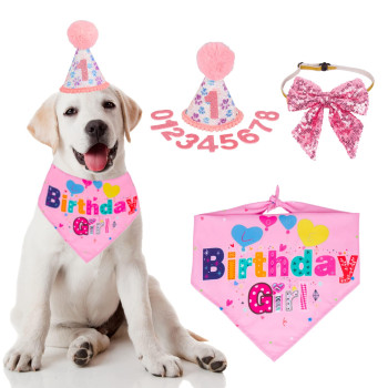 Adoggygo Dog Birthday Party Supplies, Boy Girl Dog Birthday Hat With Numbers Dog Puppy Birthday Bandana Hat Bow Set (Pink)