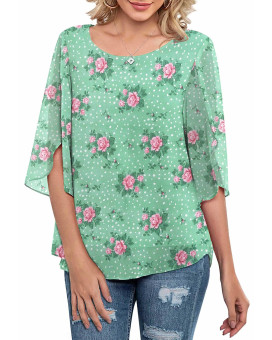 Neineiwu Womens Casual Scoop Neck Loose Top 34 Sleeve Chiffon Blouse Shirt Tops (Pink Flowergreen L)