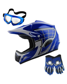 Wow Youth Motocross Helmet Bmx Mx Atv Dirt Bike Helmet Spider Web Blue Goggles Martian Skull Blue Glove Bundle