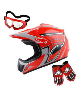 Wow Youth Motocross Helmet Bmx Mx Atv Dirt Bike Helmet Spider Web Red Goggles Martian Skull Red Glove Bundle