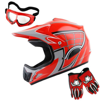 Wow Youth Motocross Helmet Bmx Mx Atv Dirt Bike Helmet Spider Web Red Goggles Martian Skull Red Glove Bundle