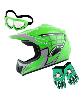 Wow Youth Motocross Helmet Bmx Mx Atv Dirt Bike Helmet Spider Web Green Goggles Martian Skull Green Glove Bundle