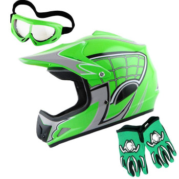 Wow Youth Motocross Helmet Bmx Mx Atv Dirt Bike Helmet Spider Web Green Goggles Martian Skull Green Glove Bundle