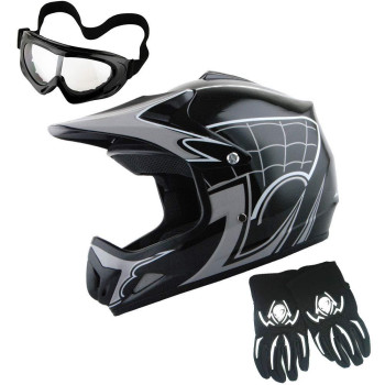 Wow Youth Motocross Helmet Bmx Mx Atv Dirt Bike Helmet Spider Web Black Goggles Martian Skull Black Glove Bundle