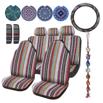 Frienda 14 Pcs Baja Car Seat Covers Full Set Multicolor Stripe Car Seat Covers Boho Print Steering Wheel Cover Seat Belt Cover Crystal Hanging Ornament Car Holders Fits For Car (Stripe Style)