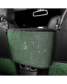 Eing Crystal Car Organizers And Storage Purse Holder, Car Seat Back Net Handbag Accessories With Bling Diamonds For Women, Car Pet Barrier For Dogs And Kids, Green