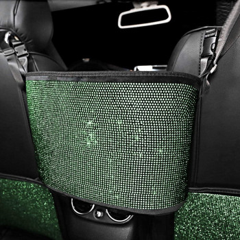 Eing Crystal Car Organizers And Storage Purse Holder, Car Seat Back Net Handbag Accessories With Bling Diamonds For Women, Car Pet Barrier For Dogs And Kids, Green