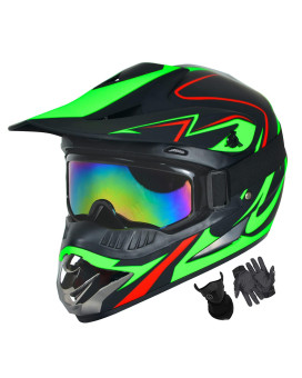 Sanqing Motocross Helmet Fashion Youth Adult Dirt Bike Helmet Unisex-Adult Dirt Bike Off-Road Mountain Bike Motorcycle Helmet Dot Approved (Gloves Goggles Face Shield) 4Pcs Set (Large, Blackgreen)