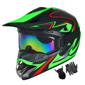 Sanqing Motocross Helmet Fashion Youth Adult Dirt Bike Helmet Unisex-Adult Dirt Bike Off-Road Mountain Bike Motorcycle Helmet Dot Approved (Gloves Goggles Face Shield) 4Pcs Set (Large, Blackgreen)