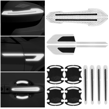 12 Pieces Reflective Car Stickers Set Rearview Mirror Reflective Warning Stickers Car Side Reflective Stickers Car Handle Protectors And Handle Paint Scratch Films For Car Safety (White)