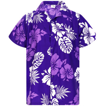 King Kameha Funky Hawaiian Shirt, Shortsleeve, Mono Hibiscus, Purple White, 3Xl