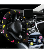 Cute Steering Wheel Cover Flower Steering Wheel Cover Floral Steering Wheel Cover For Girls With 4 Pieces Cute Flowers Car Air Vent Clips For Women Girls Car Decorations (Butterfly Style)