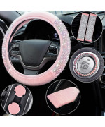 7 Pcs Pink Bling Pink Steering Wheel Cover Set Fluffy Car Accessories For Women Includes Rhinestone Seat Belt Covers And 275 Inch Bling Car Cup Holders Fuzz Gear Shift Cover Crystal Push Start Button
