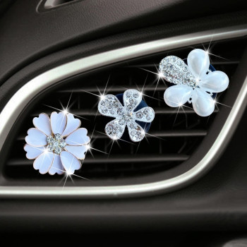 Bling Daisy Air Vent Clips, 3 Pcs Crystal Flower Car Air Fresheners Vents Clips Car Air Conditioning Outlet Clip Rhinestone Cute Car Interior Decoration Car Decor Charm Bling Car Accessories For Women