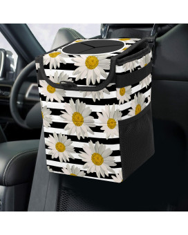 White Black Striped Daisy Car Trash Can With Lid Collapsible Reusable Waterproof Car Garage Bag,Automotive Garbage Can,Car Accessories Interior Car Organizer
