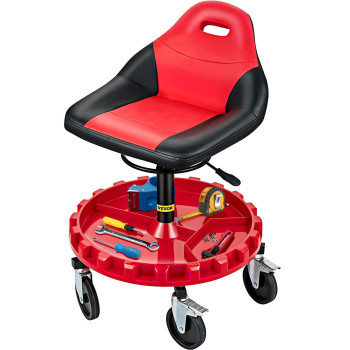 Vevor Rolling Garage Stool, 300Lbs Capacity, 21-26 Adjustable Height Range, Mechanic Seat With Swivel Casters And Tool Tray, For Workshop, Auto Repair Shop, Red