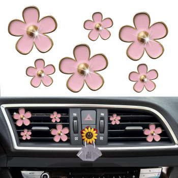 6 Pcs Daisy Air Vent Clips, Cute Flower Air Conditioning Outlet Clip Car Air Fresheners Vent Clips Car Interior Decor Charm Car Decoration Cute Car Accessories For Women Girls + Mask Hook(Pink)