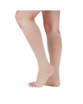 Lin Performance 20-30 Mmhg Compression Socks For Women And Men Knee High Open Toe Stockings Varicose Vein Swollen Legs(L, Beige)