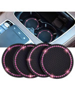 Valleycomfy 4Pcs Bling Car Coasters, Universal Vehicle Bling Car Accessories -275 Inch Silicone Anti Slip Crystal Rhinestone Cup Holder Coasters For Car (Black-Pink)