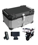 One Step Motorcycle Rear Box, Large Capacity, 13.2 Gal (65 L), Aluminum, Mounting Base, 2 Keys, Easy To Put On And Take Off, Full Face Compatible, Square, Bike Box, Top Case, Silver, 13.2 Gal (65 L)