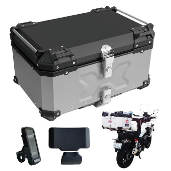 One Step Motorcycle Rear Box, Large Capacity, 13.2 Gal (65 L), Aluminum, Mounting Base, 2 Keys, Easy To Put On And Take Off, Full Face Compatible, Square, Bike Box, Top Case, Silver, 13.2 Gal (65 L)