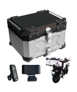 One Step Motorcycle Rear Box, Large Capacity, 13.2 Gal (55 L), Aluminum, Mounting Base, 2 Keys, Easy To Put On And Take Off, Full Face Compatible, Square, Bike Box, Top Case, Silver, 13.2 Gal (55 L)