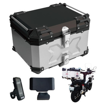 One Step Motorcycle Rear Box, Large Capacity, 13.2 Gal (55 L), Aluminum, Mounting Base, 2 Keys, Easy To Put On And Take Off, Full Face Compatible, Square, Bike Box, Top Case, Silver, 13.2 Gal (55 L)