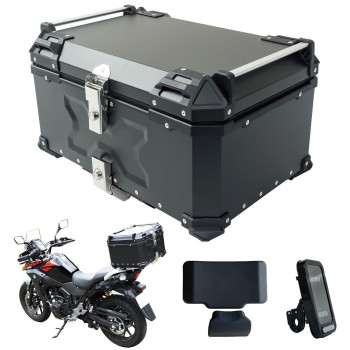 One Step Motorcycle Rear Box, Large Capacity, 13.2 Gal (55 L), Aluminum, Mounting Base, 2 Keys, Easy To Put On And Take Off, Full Face Compatible, Square, Bike Box, Top Case (Black, 55L)